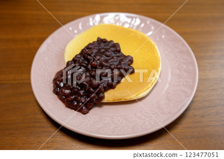 Homemade pancakes topped with red beans Homemade pancakes topped with red beans 123477051