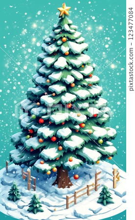 Snowy Christmas tree adorned with colorful ornaments, golden star, surrounded by wooden fence. Set in a whimsical winter landscape, this vibrant scene is ideal for festive and holiday-themed designs. Snowy Christmas tree adorned with colorful ornaments, golden star, surrounded by wooden fence. Set in a whimsical winter landscape, this vibrant scene is ideal for festive and holiday-themed designs. 123477084