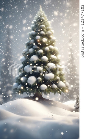 Enchanting snow-covered Christmas tree in dreamy winter landscape with gentle snowfall. Soft light creates serene, magical atmosphere, perfect for holiday cards, seasonal promotions, festive designs. 123477102