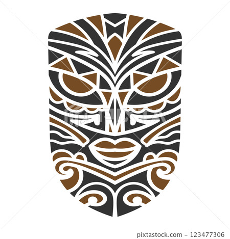 Detailed tribal mask tattoo design featuring bold geometric and ornamental patterns in black and brown, symbolizing culture, strength, and spirituality. Detailed tribal mask tattoo design featuring bold geometric and ornamental patterns in black and brown, symbolizing culture, strength, and spirituality. 123477306