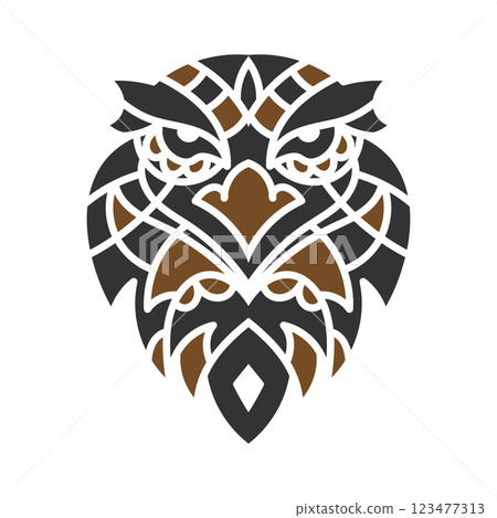Intricate tribal owl tattoo design with bold geometric patterns in black and brown, symbolizing wisdom, intuition, and spiritual strength. 123477313