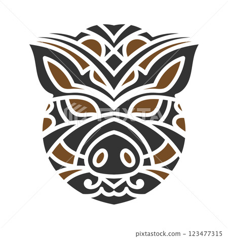 Stylized tribal boar tattoo design featuring intricate geometric patterns in black and brown, symbolizing strength, resilience, and courage. Stylized tribal boar tattoo design featuring intricate geometric patterns in black and brown, symbolizing strength, resilience, and courage. 123477315