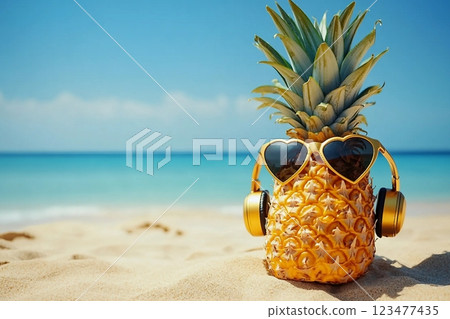 Ripe attractive pineapple in stylish sunglasses heart shape and gold headphones on sand against turquoise sea water. Tropical summer vacation concept. Summer sunny day on the beach of tropical island 123477435