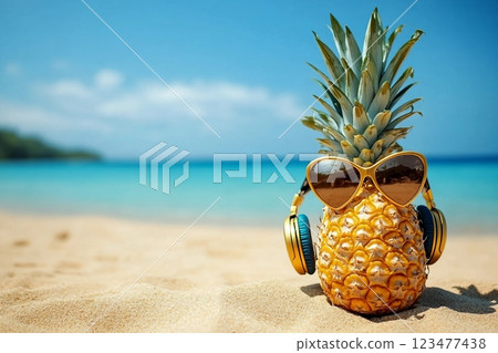 Ripe attractive pineapple in stylish sunglasses heart shape and gold headphones on sand against turquoise sea water. Tropical summer vacation concept. Summer sunny day on the beach of tropical island 123477438