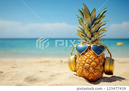Ripe attractive pineapple in stylish sunglasses heart shape and gold headphones on sand against turquoise sea water. Tropical summer vacation concept. Summer sunny day on the beach of tropical island 123477439