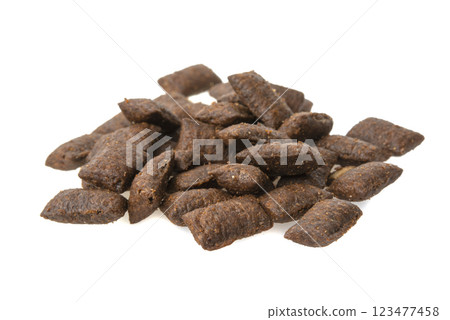 Cat food crunchy pieces snack dry isolated on the white background 123477458