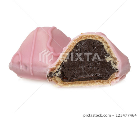 Pink candy bonbon waffle isolated on the white background 123477464