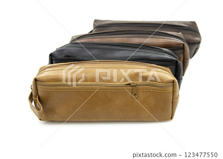 Multicolored pencil pen case container isolated on the white background 123477550