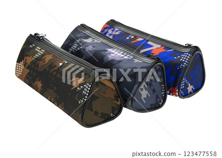 Multicolored pencil pen case container isolated on the white background Multicolored pencil pen case container isolated on the white background 123477558