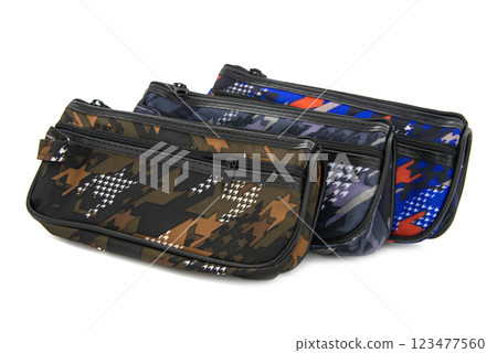 Multicolored pencil pen case container isolated on the white background 123477560
