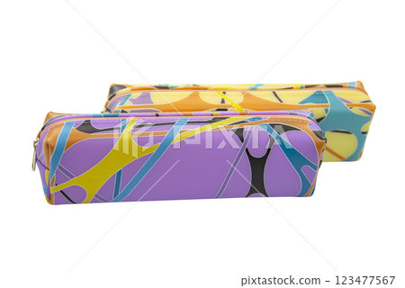 Multicolored pencil pen case container isolated on the white background 123477567