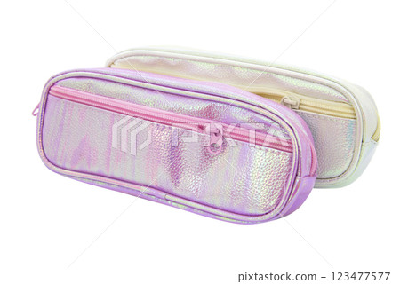 Multicolored pencil pen case container isolated on the white background 123477577