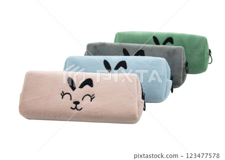 Multicolored pencil pen case container isolated on the white background 123477578