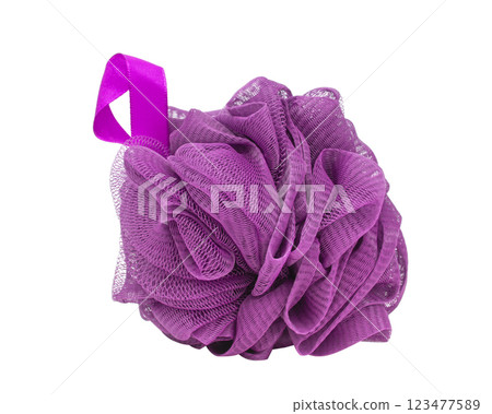 Puff shower bath sponge for care bathroom accessory isolated on the white background 123477589
