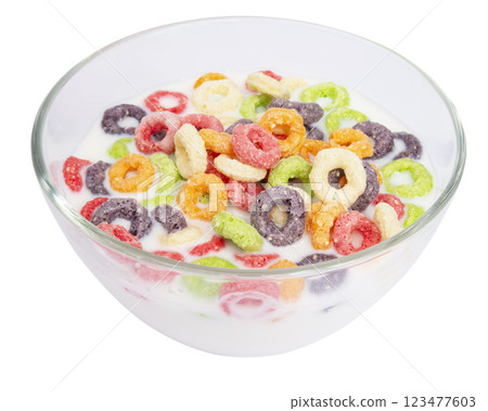 Fruity loops cereal rings breakfast with milk isolated on the white background 123477603