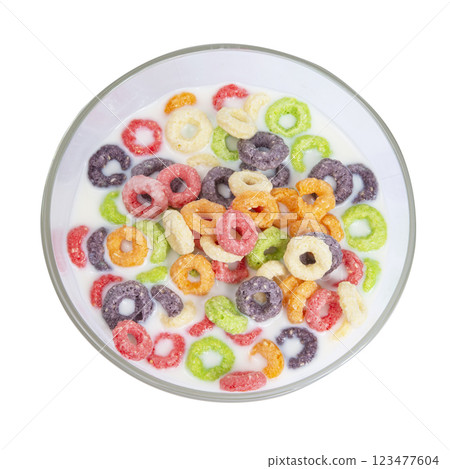 Fruity loops cereal rings breakfast with milk isolated on the white background Fruity loops cereal rings breakfast with milk isolated on the white background 123477604