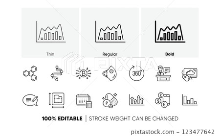 Bitcoin system, Timeline and Phosphorus mineral line icons. Pack of Exhibitors, 360 degrees, Upper arrows icon. Message, Medical mask, Account pictogram. Floor plan, Chemical formula. Vector 123477642