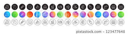 Opinion, Delegate work and Escalator line icons. Round icon gradient buttons. Pack of Business target, Helping hand, Cursor icon. Friend, Discrimination, Checklist pictogram. Vector 123477648