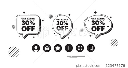 Get Extra 30 percent off Sale. Speech bubble offer icons. Discount offer price sign. Special offer symbol. Save 30 percentages. Extra discount chat text box. Social media icons. Vector 123477676