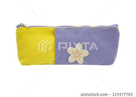 Multicolored pencil pen case textile container isolated on the white background 123477765