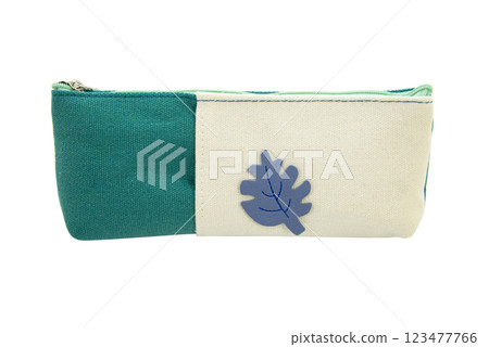 Multicolored pencil pen case textile container isolated on the white background 123477766