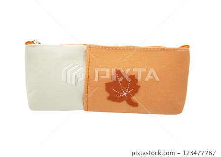 Multicolored pencil pen case textile container isolated on the white background 123477767