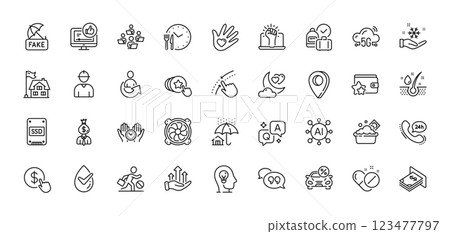 Jobless, Fake news and Dermatologically tested line icons pack. AI, Question and Answer, Map pin icons. Car leasing, Share, Hold heart web icon. Ssd, Empower, Loyalty program pictogram. Vector 123477797