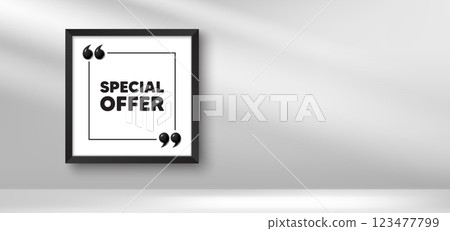 Photo frame banner. Special offer tag. Sale sign. Advertising Discounts symbol. Special offer picture frame message. 3d comma quotation. Vector 123477799