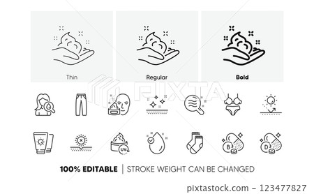 Niacin vitamin, Cholecalciferol and Clean skin line icons. Pack of Vitamin e, Face cream, Lingerie icon. Socks, Uv protection, Pants pictogram. Sunscreen, Skin care, Sun protection. Line icons. Vector 123477827