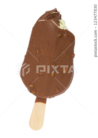 Chocolate glazed icecream escimo with nuts isolated on the white background Chocolate glazed icecream escimo with nuts isolated on the white background 123477830