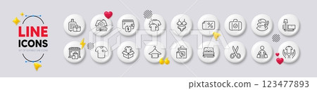 Furniture moving, Carry-on baggage and T-shirt line icons. White buttons 3d icons. Pack of Bed, Baggage, Market icon. Buyer, Pillow, Wallet pictogram. Discount banner, Hold t-shirt, Sale bags. Vector 123477893