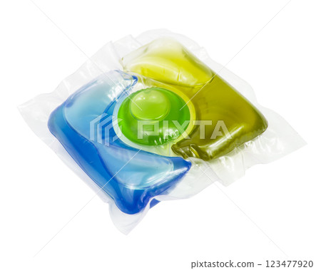 Washing multicolor gel liquid powder capsule isolated on the white background 123477920