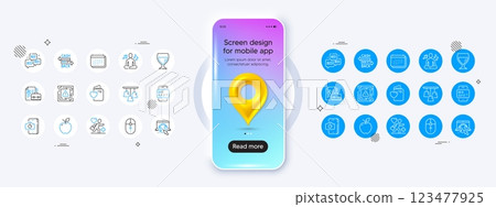 Phone mockup with 3d map pin icon. Ceiling lamp, Bid offer and Vacancy line icons. Pack of Calendar, Internet, Wine glass icon. Card, Yoga music, Patient pictogram. Vector 123477925