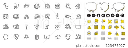Set of Notification calendar, Search and Medical vaccination line icons for web app. Design elements, Social media icons. Video camera, Card, Teamwork icons. Vector Set of Notification calendar, Search and Medical vaccination line icons for web app. Design elements, Social media icons. Video camera, Card, Teamwork icons. Vector 123477927
