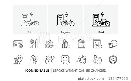 5g wifi, Dollar rate and Electric bike line icons. Pack of Petrol station, Organic product, Recovery data icon. Bitcoin project, 5g internet, Inspect pictogram. Ab testing, Mortgage. Vector 123477933