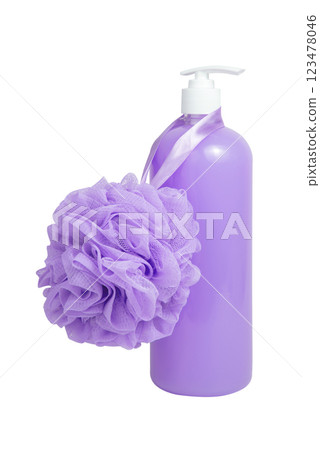 Violet shower gel bottle and sponge for bath isolated on the white background Violet shower gel bottle and sponge for bath isolated on the white background 123478046
