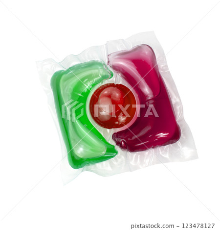 Washing multicolor gel liquid powder capsule isolated on the white background 123478127