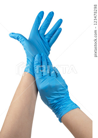 Blue nitrile medical gloves on hands isolated on the white 123478298