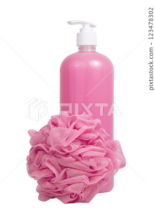 Pink shower gel bottle and sponge for bath isolated on the white background Pink shower gel bottle and sponge for bath isolated on the white background 123478302