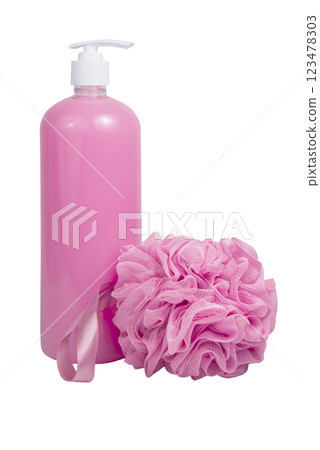 Pink shower gel bottle and sponge for bath isolated on the white background 123478303