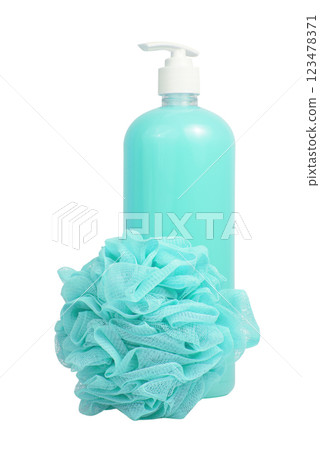 Blue shower gel bottle and sponge for bath isolated on the white background Blue shower gel bottle and sponge for bath isolated on the white background 123478371