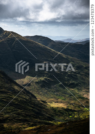 Majestic mountain landscape showcasing lush green valleys and rocky peaks during a cloudy day in the highlands. Majestic mountain landscape showcasing lush green valleys and rocky peaks during a cloudy day in the highlands. 123478379