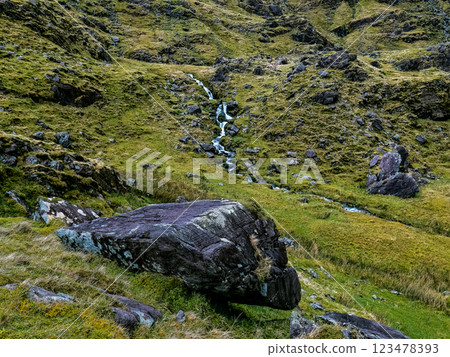 Exploring the Carrauntoohil walkway reveals stunning Irish scenery, with rocky terrain, lush greenery, and a serene stream flowing through the landscape, inviting adventure. Exploring the Carrauntoohil walkway reveals stunning Irish scenery, with rocky terrain, lush greenery, and a serene stream flowing through the landscape, inviting adventure. 123478393
