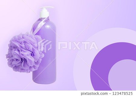 Violet shower gel bottle and sponge for bath postcard background Violet shower gel bottle and sponge for bath postcard background 123478525