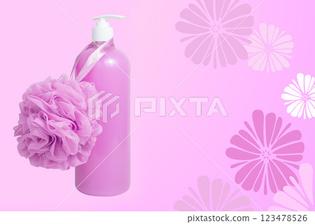 Pink shower gel bottle and sponge for bath postcard background Pink shower gel bottle and sponge for bath postcard background 123478526