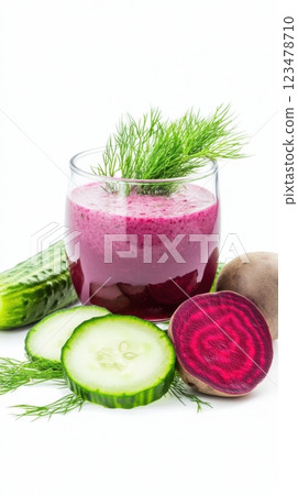 Traditional Lithuanian cold beetroot soup with creamy kefir, crisp cucumbers, and fresh dill. Bright and vibrant, isolated on a white background, highlighting its refreshing summer appeal 123478710