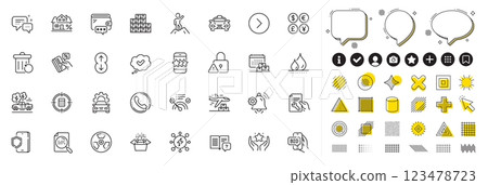 Set of Lock, Wholesale inventory and Waterproof line icons for web app. Design elements, Social media icons. Employees messenger, Credit card, Bid offer icons. Forward, Leadership, Taxi signs. Vector 123478723