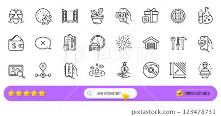 Vinyl record, Wallet and Open door line icons for web app. Pack of Station, Seo internet, Leaves pictogram icons. Accounting, Fishing float, Book car signs. Triangle area, Spanner tool. Vector 123478731