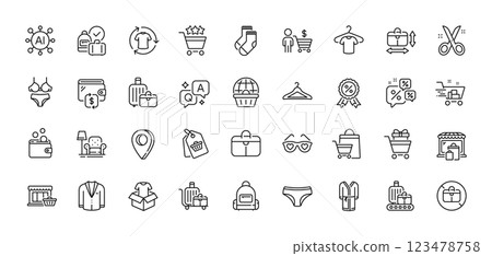 Baggage, T-shirt and Shopping cart line icons pack. AI, Question and Answer, Map pin icons. Online shopping, Lingerie, Wallet web icon. Marketplace, Clothing, Wallet money pictogram. Vector Baggage, T-shirt and Shopping cart line icons pack. AI, Question and Answer, Map pin icons. Online shopping, Lingerie, Wallet web icon. Marketplace, Clothing, Wallet money pictogram. Vector 123478758