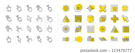 Mouse cursor, hand finger and press here set. Design shape elements. Click pointer line icons. Computer arrow, interface tool and web point line icons. Vector 123478777